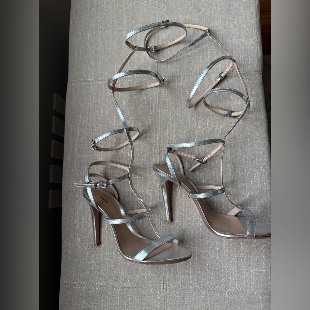 SCHUTZ Metallic Silver Strappy Heels